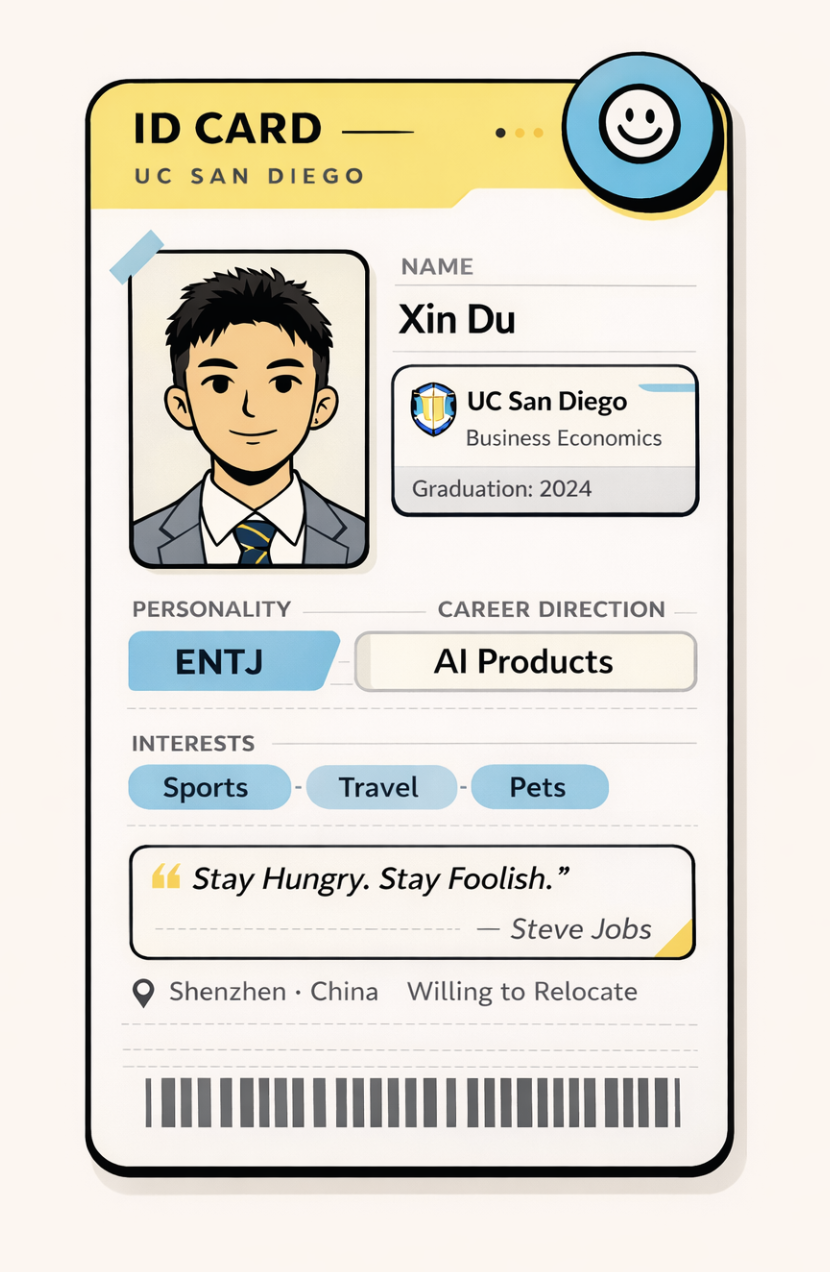 Xin Du's illustrated profile card